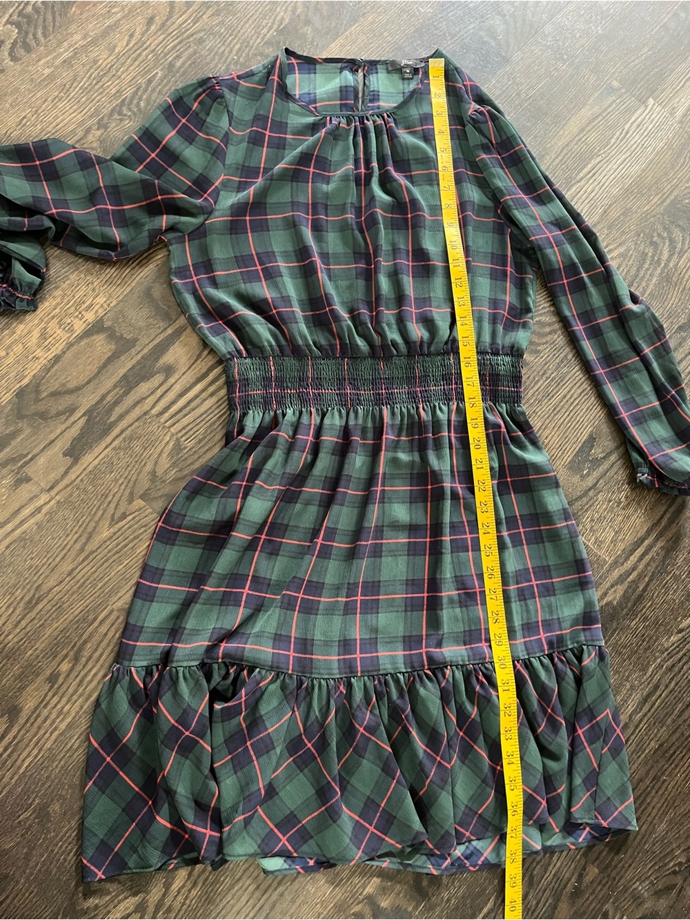 J. Crew Glendale Green & Navy Plaid Cinched Waist Sheer Mini Dress Size M - Picture 6 of 7